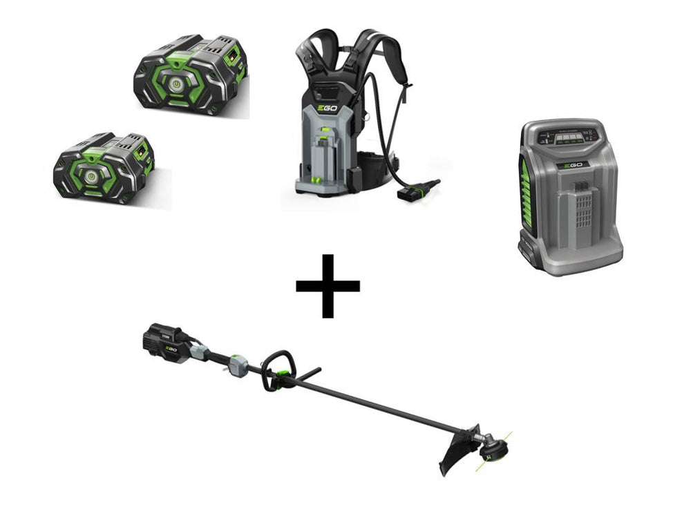 Decespugliatore a Batteria EGO STX 3800 SET con 2 Batterie, una da 7.5 Ah e l'altra da 5.0 Ah, Zaino Porta Batteria BHX 1000 e Caricatore Rapido CH 5500 - Caola
