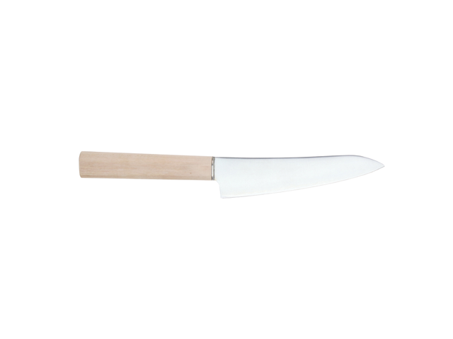 Coltello da cucina giapponese Yuri Petty con lama in acciaio multistrato e manico in legno chiaro.