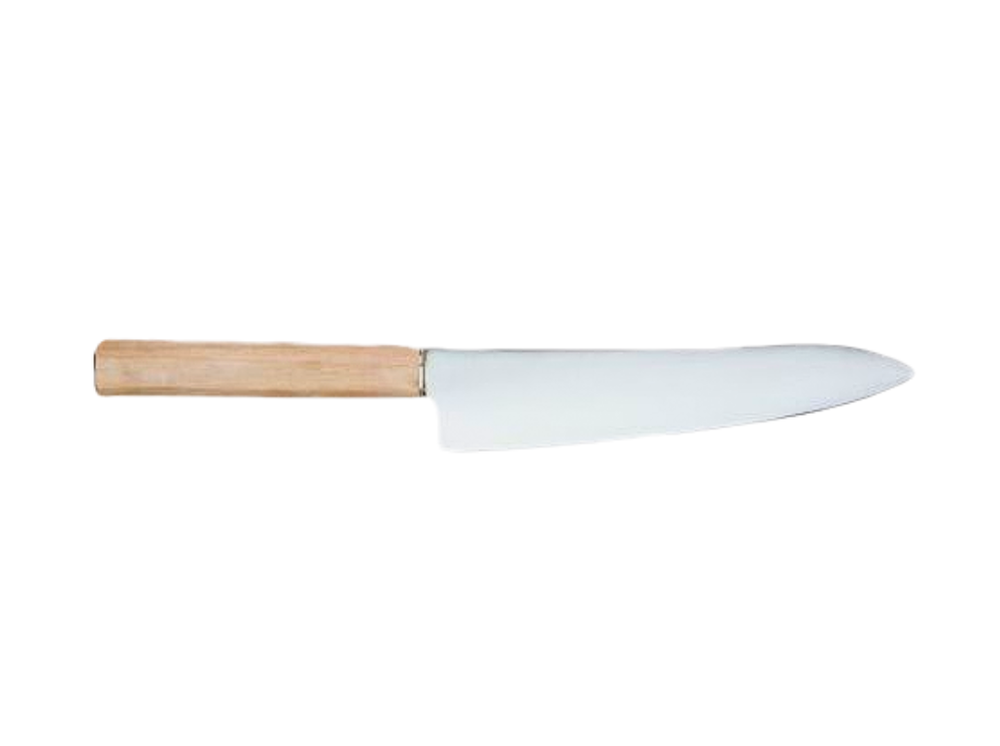 Coltello da cucina giapponese Santoku Klötzli con lama in acciaio multilayer e manico in legno chiaro.