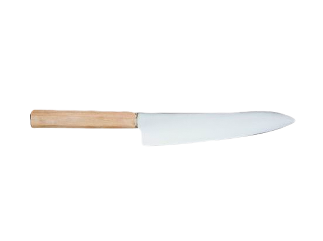Coltello da cucina giapponese Santoku Klötzli con lama in acciaio multilayer e manico in legno chiaro.