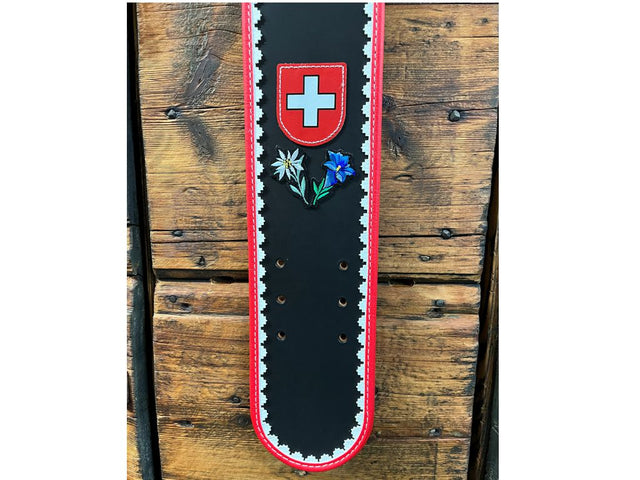 Collare per campana decorato con bandiera Svizzera, stella alpina e genziana - Caola