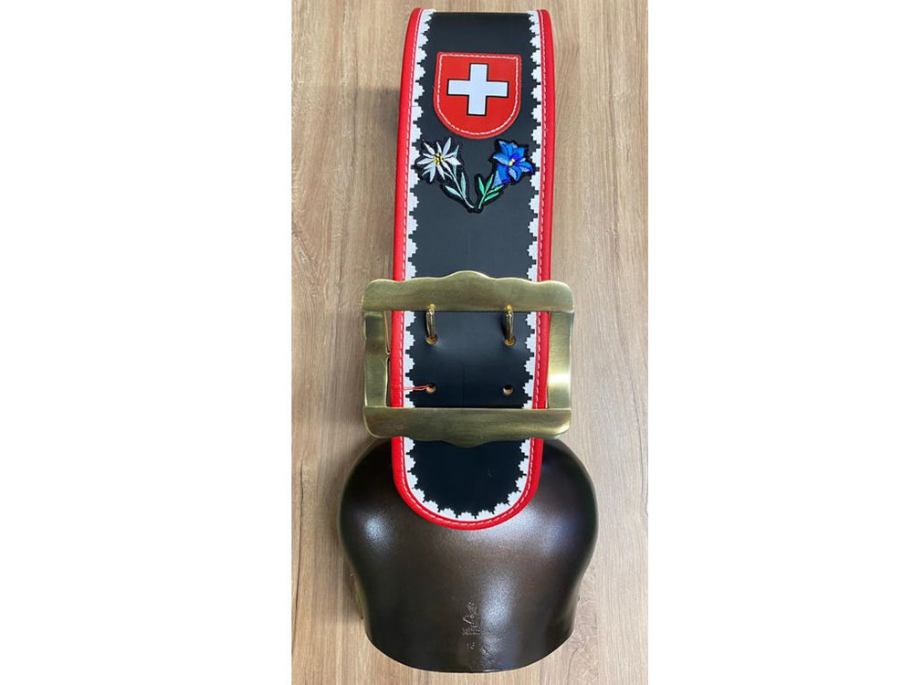 Collare per campana decorato con bandiera Svizzera, stella alpina e genziana - Caola