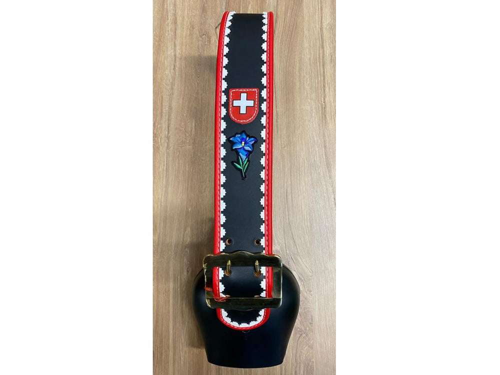 Collare per campana decorato con bandiera svizzera e genziana - Caola