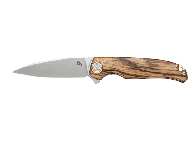 Coltello pieghevole ARGUS BF-760 W con lama satinata in acciaio D2 e manico in legno Ziricote, design elegante di Grigorii Matveev.
