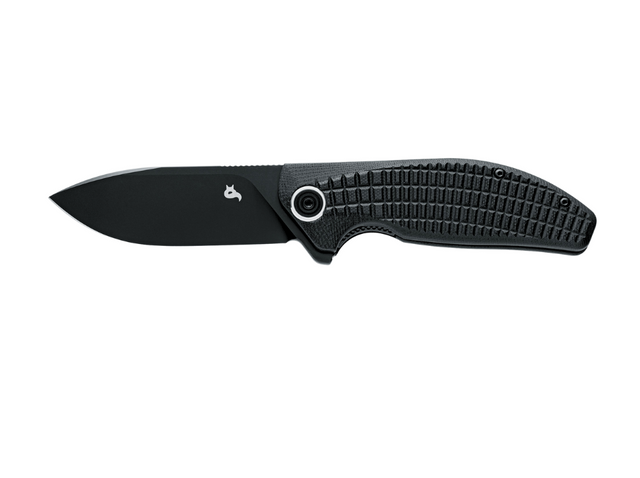 Fox Acutus Black/Black: Coltello EDC con lama in acciaio D2, finitura PTFE nero e manico in G10 nero. Design compatto, funzionale e versatile, ideale per l'uso quotidiano.