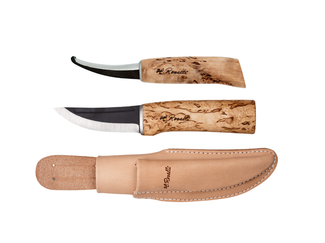 Roselli Hunting and Opening Knife Combo fatto a mano in Finlandia con doppio coltello in acciaio al carbonio e fodero in pelle vegetale