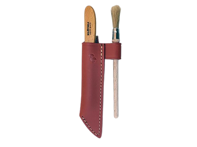 Set Pilzkorbmesser Klötzli con coltello a lama curva affilata a mano, pennello e custodia in pelle, ideale per raccolta funghi.