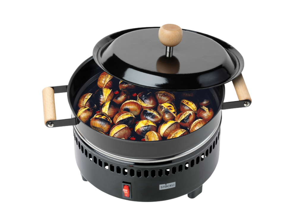 Pentola per marroni Stöckli smaltata nera con coperchio