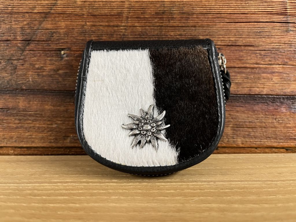 Porte-monnaie en CUIR NATUREL noir avec poils de vache et Edelweiss