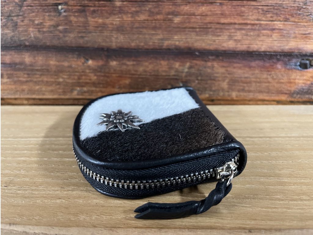 Porte-monnaie en CUIR NATUREL noir avec poils de vache et Edelweiss