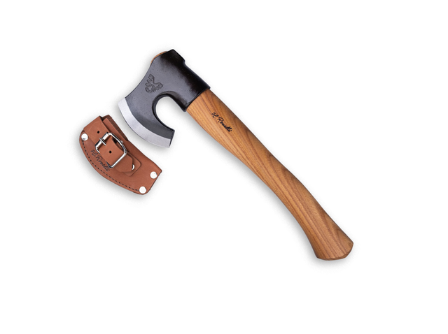 Ascia artigianale Roselli con manico corto in olmo rosso e lama in acciaio al carbonio con fodero in pelle.