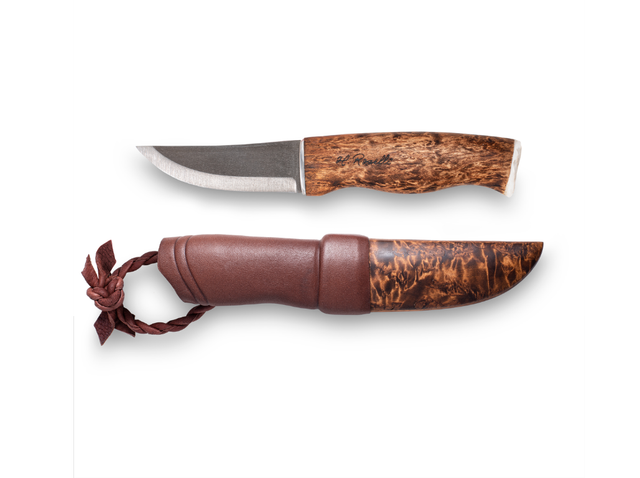 Coltello artigianale **Roselli Nalle UHC con lama in acciaio ultra high carbon, manico in betulla riccia e corno di renna.