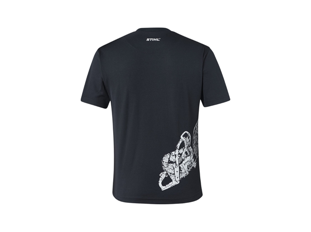 STIHL Dynamic Mag Cool T-Shirt arancione con grafica motosega, tessuto elastico e traspirante per uso professionale outdoor.