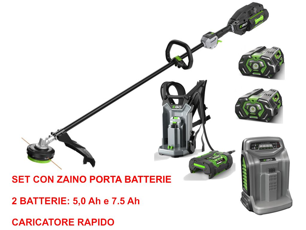 Decespugliatore a Batteria EGO STX 4500 SET con Batteria da 7.5 Ah, Batteria da 5.0 Ah, Zaino Porta Batteria BHX 1000 e Caricatore Rapido CH 5500