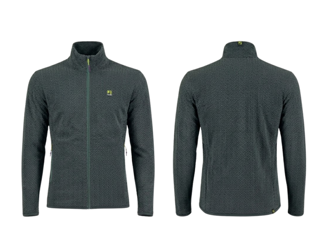 Mesdì Fleece Full-Zip Karpos colore Deep Depths, tessuto elastico riciclato con zip YKK e tasche anteriori.