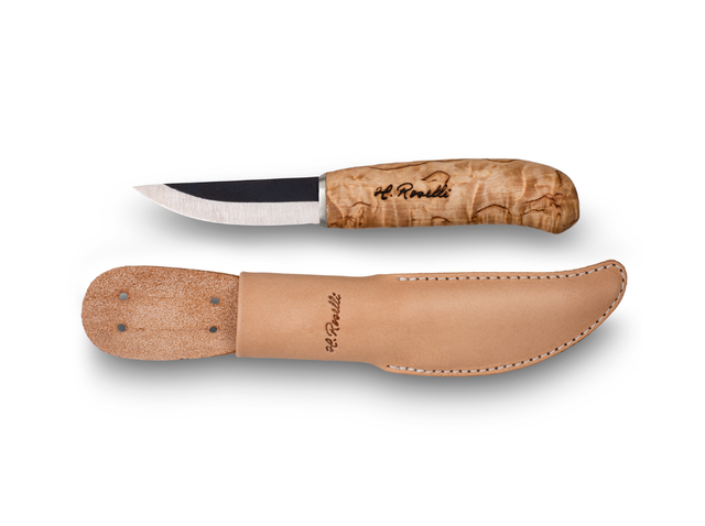 Coltello Roselli Carpenter in acciaio al carbonio con manico in betulla marezzata e fodero in cuoio