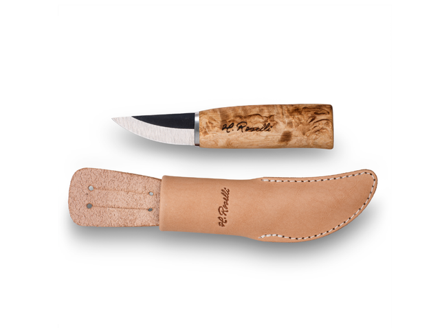 Coltello Roselli Grandmother in acciaio al carbonio con manico in betulla marezzata e fodero in cuoio