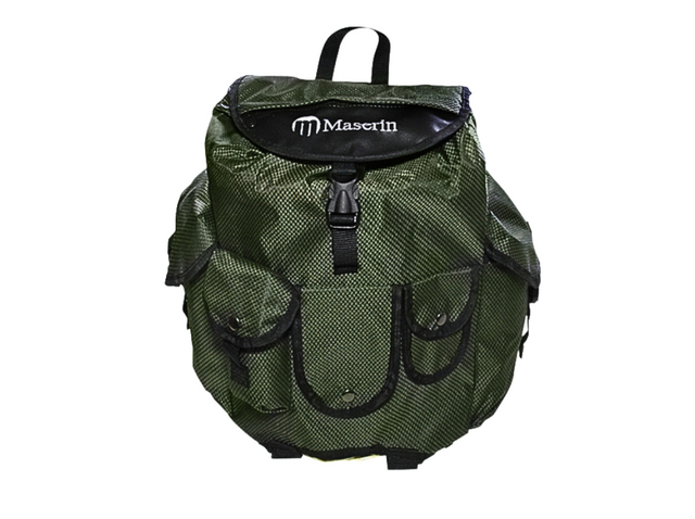 Zaino da raccolta funghi Pilzrucksack 14 in nylon verde con cestino integrato e tasche esterne.